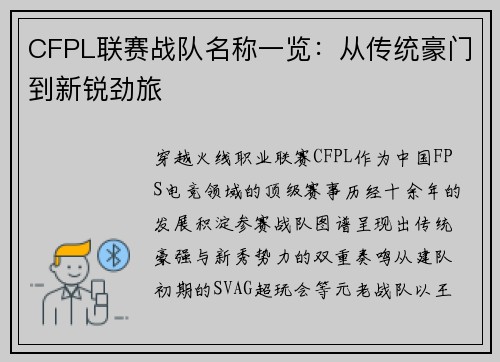 CFPL联赛战队名称一览：从传统豪门到新锐劲旅